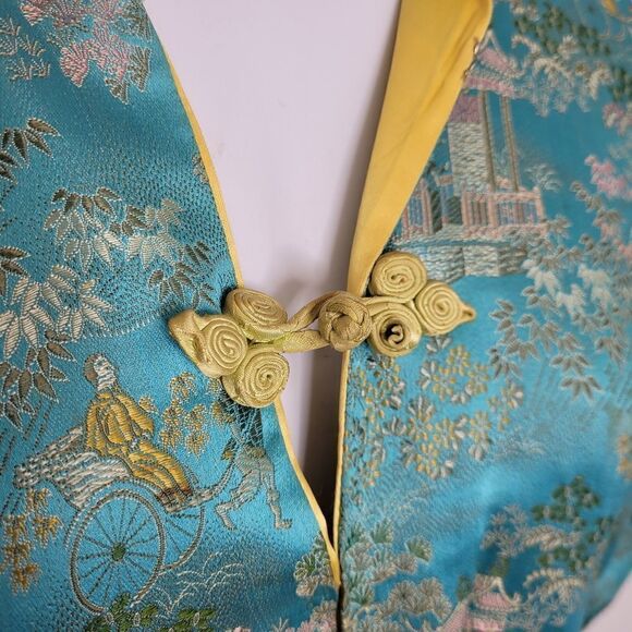 VINTAGE 70s Asian frog closure blue split sleeve traditional brocade top M - Picture 3 of 11